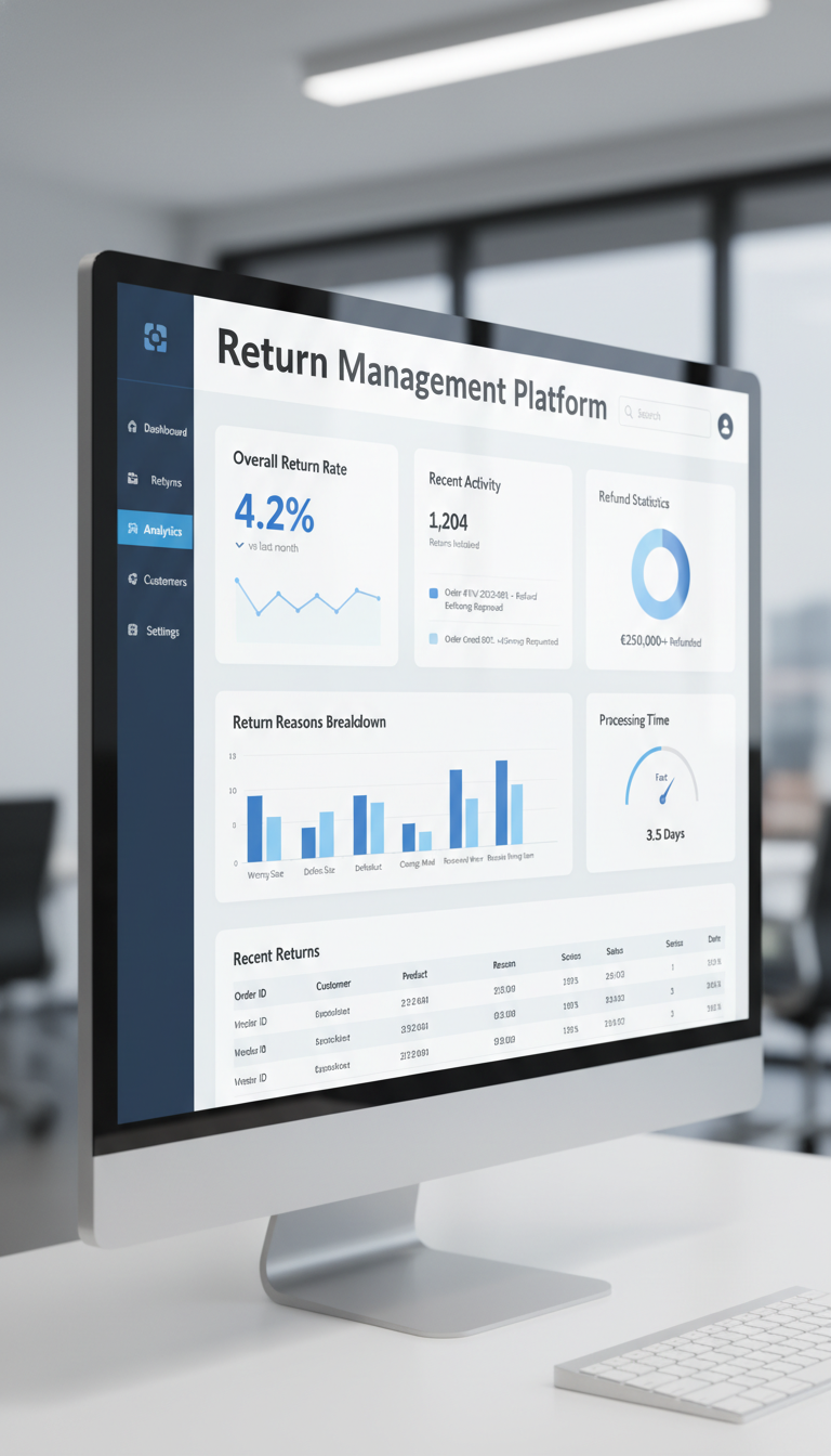 ReturnKart management platform dashboard on desktop monitor showing analytics, return reasons, and recent returns